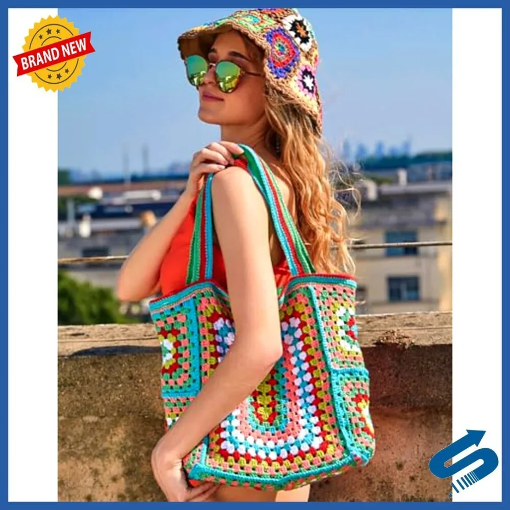 Oversized Crochet Tote Handbag Knitted Shoulder Bag Boho Summer Woven Purse